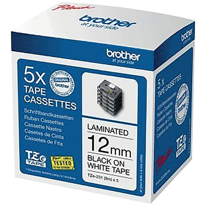 Brother P-Touch TZe-231M5 Label Tape, Black on White, 12mmx8m, Pack of 5