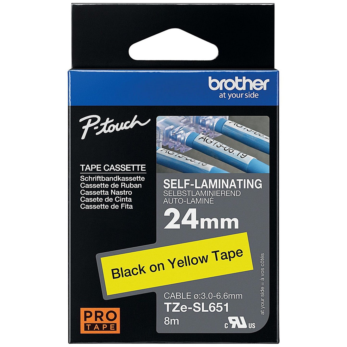Brother P-Touch TZe-SL651 Self-Laminating Label Tape, Black on Yellow, 24mmx8m