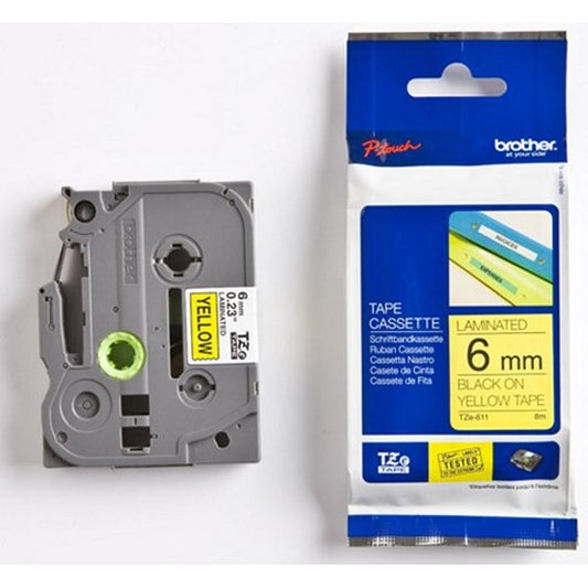 Brother P-Touch TZe-611 Label Tape, Black on Yellow, 6mmx80m