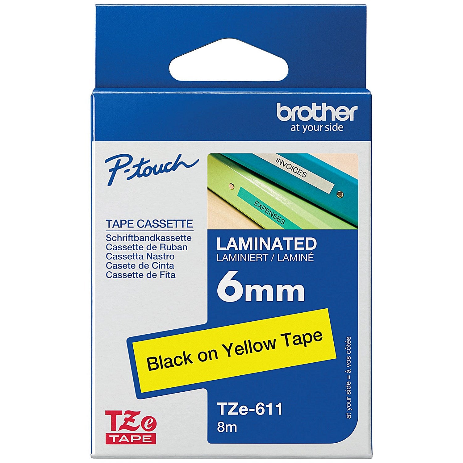 Brother P-Touch TZe-611 Label Tape, Black on Yellow, 6mmx80m