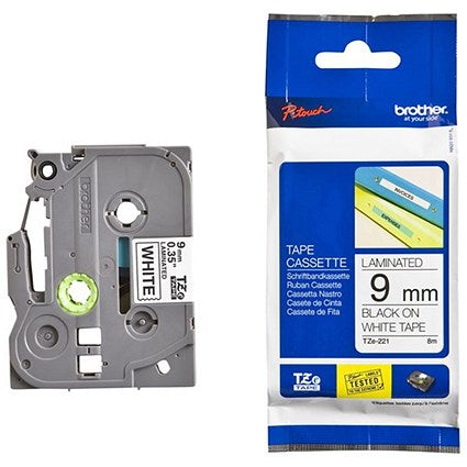 Brother P-Touch TZe-221 Label Tape, Black on White, 9mmx8m