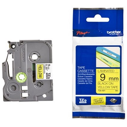 Brother P-Touch TZe-621 Label Tape, Black on Yellow, 9mmx8m