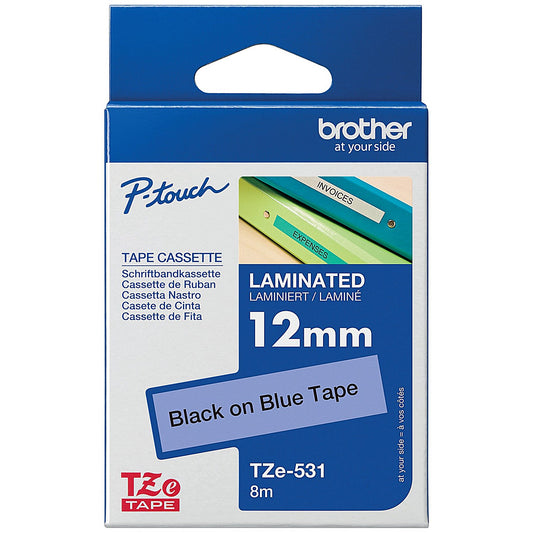 Brother P-Touch TZe-531 Label Tape, Black on Blue, 12mmx8m