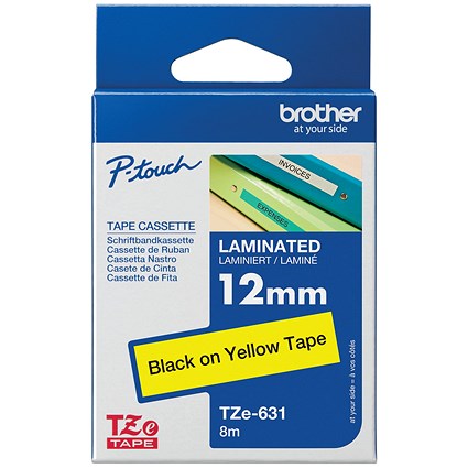 Brother P-Touch TZe-631 Label Tape, Black on Yellow, 12mmx8m