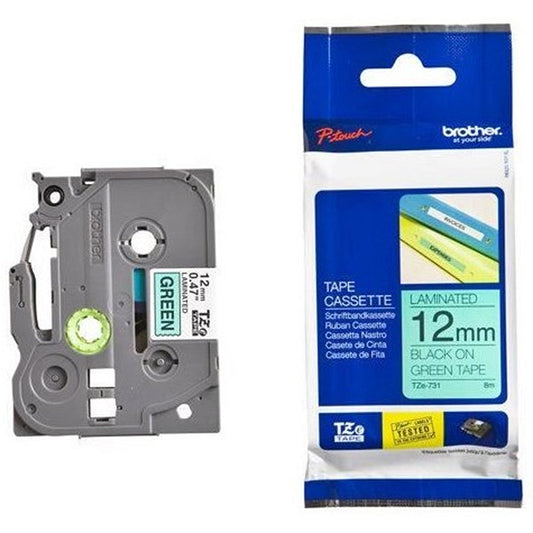 Brother P-Touch TZe Lam Tape Cassette 12mm x 8m Black on Green Tape TZE731