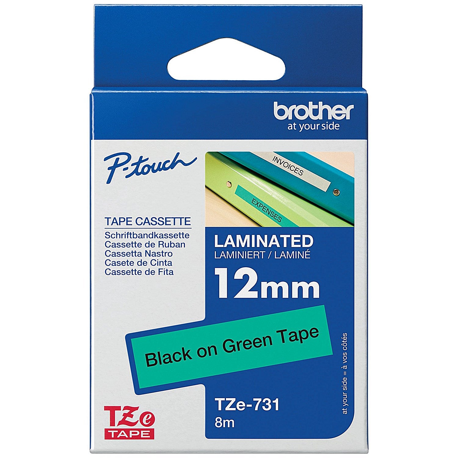 Brother P-Touch TZe Lam Tape Cassette 12mm x 8m Black on Green Tape TZE731
