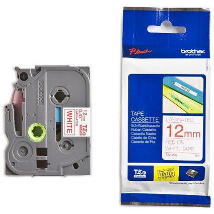 Brother P-Touch TZe-232 Label Tape, Red on White, 12mmx8m