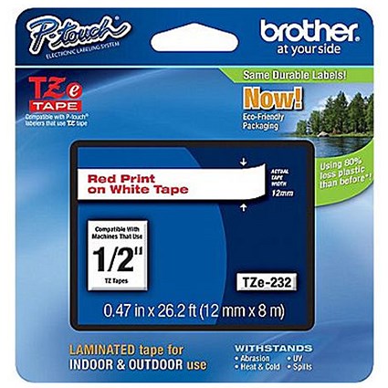 Brother P-Touch TZe-232 Label Tape, Red on White, 12mmx8m