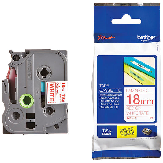 Brother P-Touch TZe-242 Label Tape, Red on White, 18mmx8m