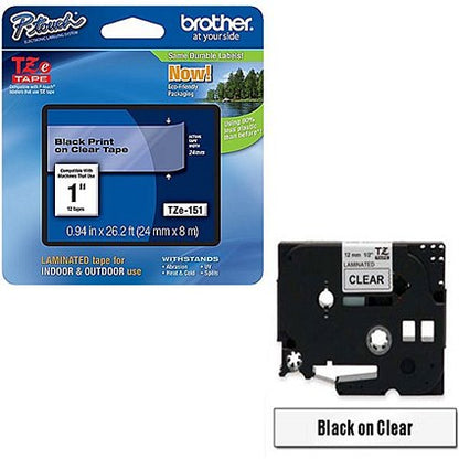 Brother P-Touch TZe-151 Label Tape, Black on Clear, 24mmx8m
