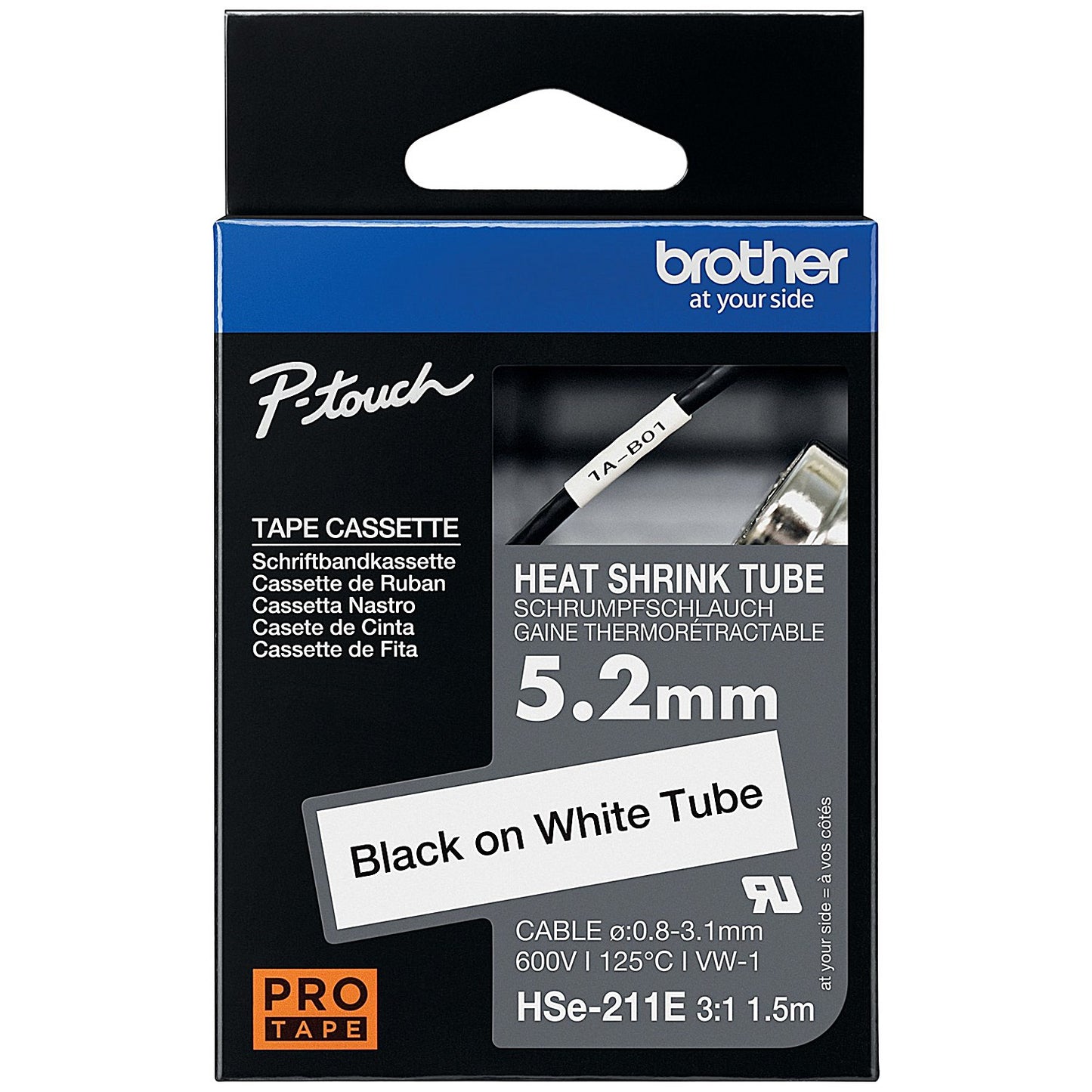 Brother HSe-211E Heat Shrink Tube Tape Cassette, Black on White, 5.2mm x 1.5m