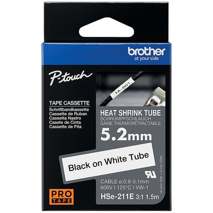 Brother HSe-211E Heat Shrink Tube Tape Cassette, Black on White, 5.2mm x 1.5m