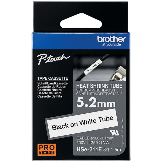 Brother HSe-211E Heat Shrink Tube Tape Cassette, Black on White, 5.2mm x 1.5m