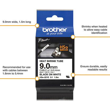 Brother HSe-221E Heat Shrink Tube Tape Cassette, Black on White, 9.0mmx 1.5m
