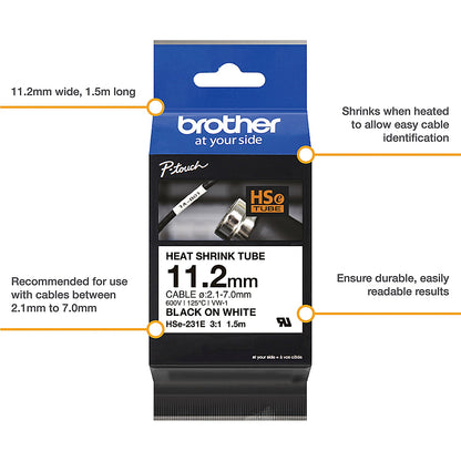 Brother HSe-231E Heat Shrink Tube Tape Cassette, Black on White, 11.2mm x 1.5m