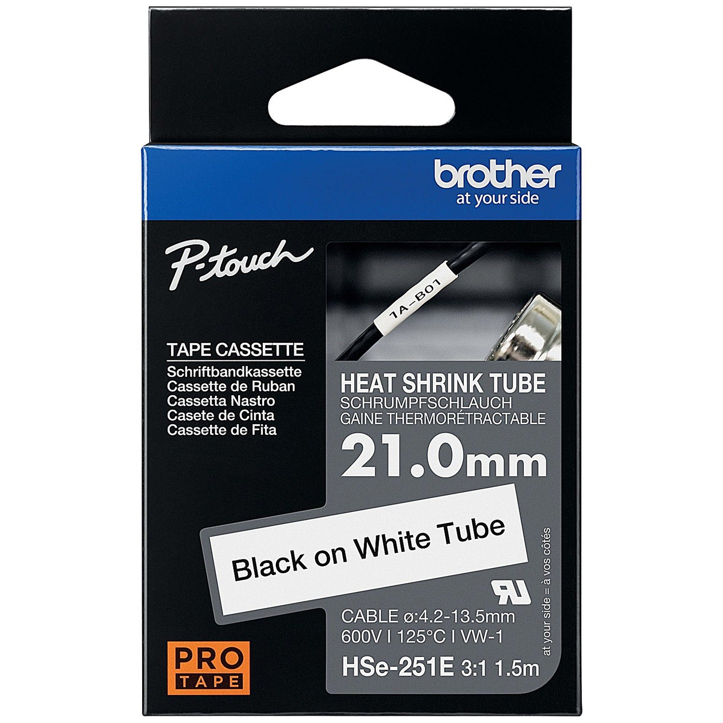 Brother HSe-251E Heat Shrink Tube Tape Cassette, Black on White, 21.0mm x 1.5m