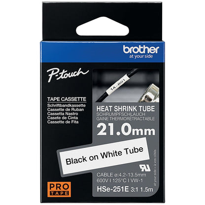 Brother HSe-251E Heat Shrink Tube Tape Cassette, Black on White, 21.0mm x 1.5m