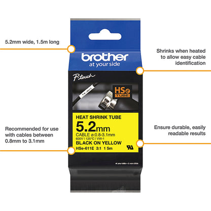 Brother HSe-611E Heat Shrink Tube Tape Cassette, Black on Yellow, 5.2mm x 1.5m