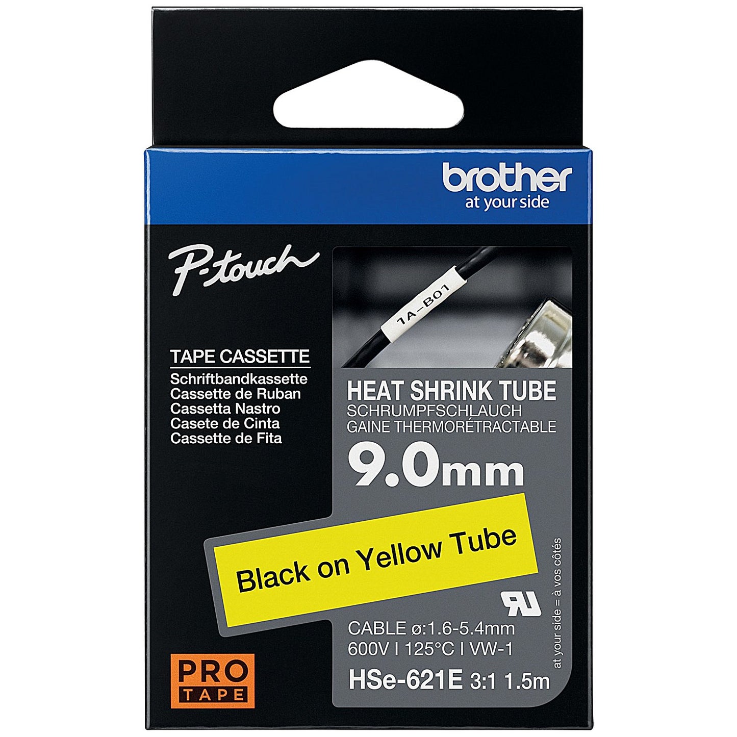 Brother HSe-621E Heat Shrink Tube Tape Cassette, Black on Yellow, 9.0mm x 1.5m