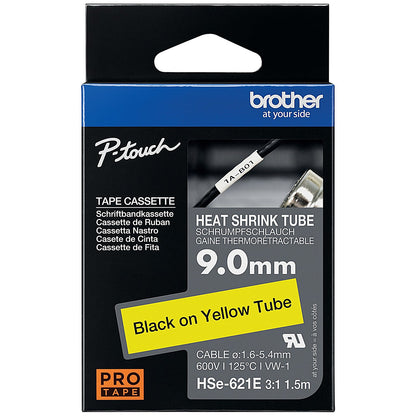 Brother HSe-621E Heat Shrink Tube Tape Cassette, Black on Yellow, 9.0mm x 1.5m