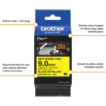 Brother HSe-621E Heat Shrink Tube Tape Cassette, Black on Yellow, 9.0mm x 1.5m