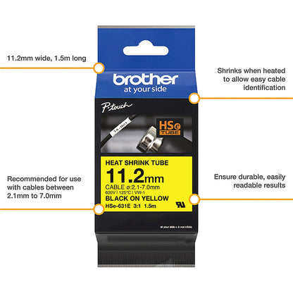Brother HSe-631E Heat Shrink Tube Tape Cassette, Black on Yellow, 11.2mm x 1.5m
