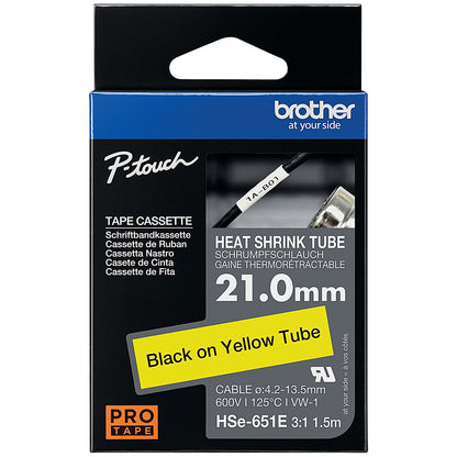 Brother HSe-651E Heat Shrink Tube Tape Cassette, Black on Yellow, 21.0mm x 1.5m