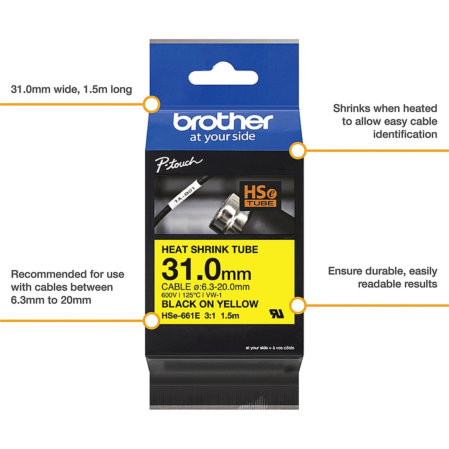 Brother HSe-661E Heat Shrink Tube Tape Cassette, Black on Yellow, 31.0mm x 1.5m