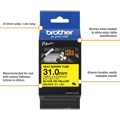 Brother HSe-661E Heat Shrink Tube Tape Cassette, Black on Yellow, 31.0mm x 1.5m