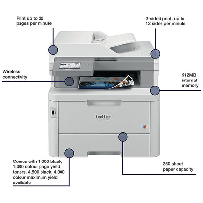 Brother MFC-L8340CDW A4 Wireless All-in-One Colour Laser Printer, Grey