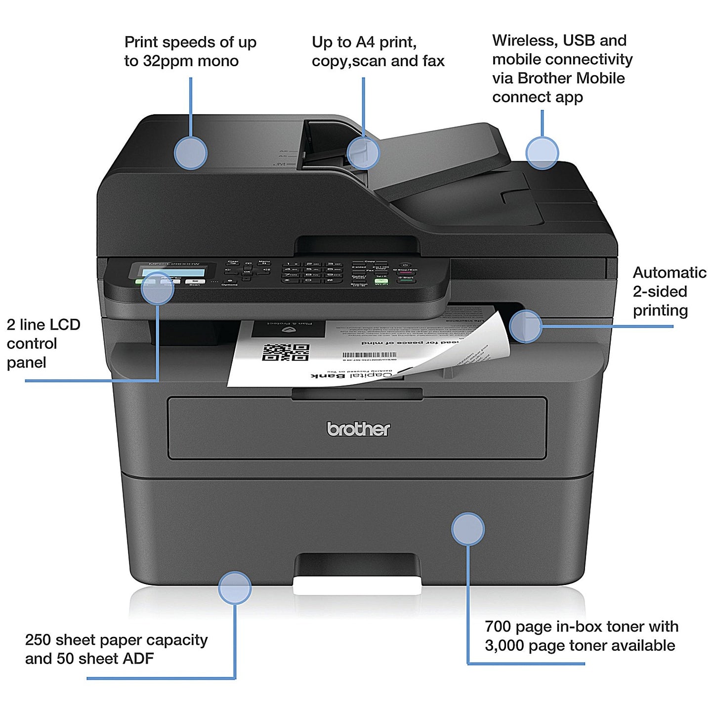 Brother MFC-L2800DW A4 Wireless All-In-One Mono Laser Printer, Grey