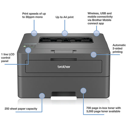 Brother HL-L2400DW A4 Wireless Mono Laser Printer, Grey