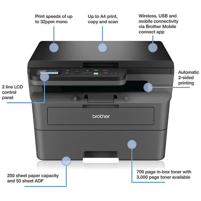 Brother DCP-L2620DW A4 Wireless 3-In-1 Mono Laser Printer, Grey
