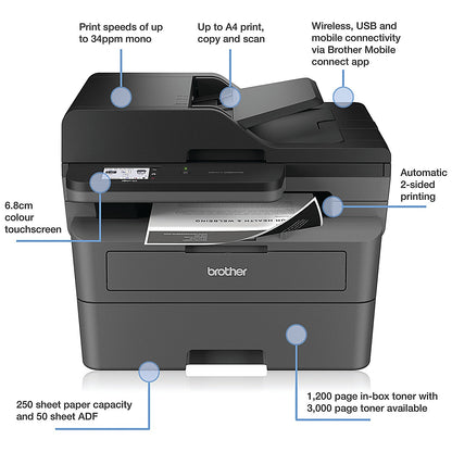 Brother MFC-L2860DW A4 Wireless All-In-One Mono Laser Printer, Grey
