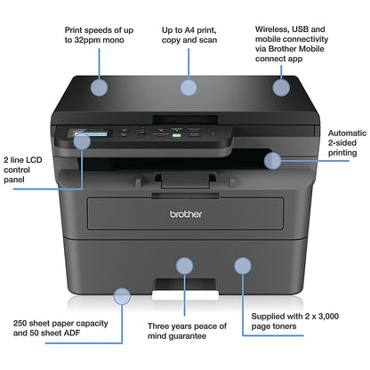 Brother DCP-L2627DWXL A4 Wirless 3-In-1 Mono Laser Printer and Toner Bundle, Grey
