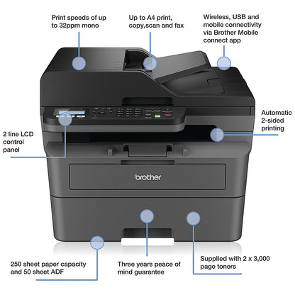 Brother MFC-L2827DWXL A4 Wireless All-In-One Mono Laser Printer and Toner Bundle, Grey