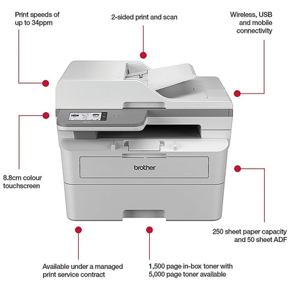 Brother MFC-L2960DW A4 Compact Wireless All-In-One Mono Laser Printer, White