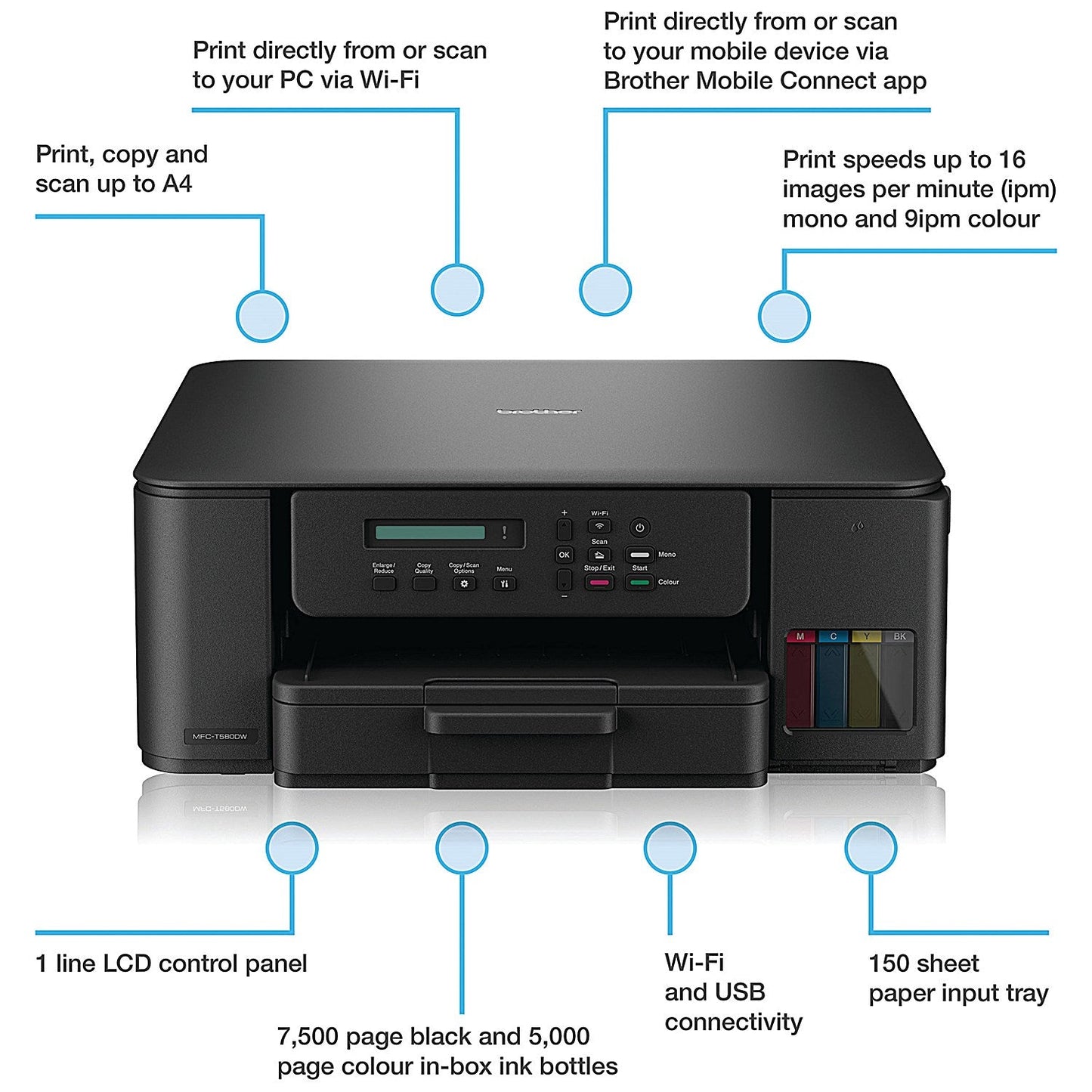 Brother DCP-T580DW 3-in-1 Wireless Colour Ink Tank Printer DCPT580DWZU1