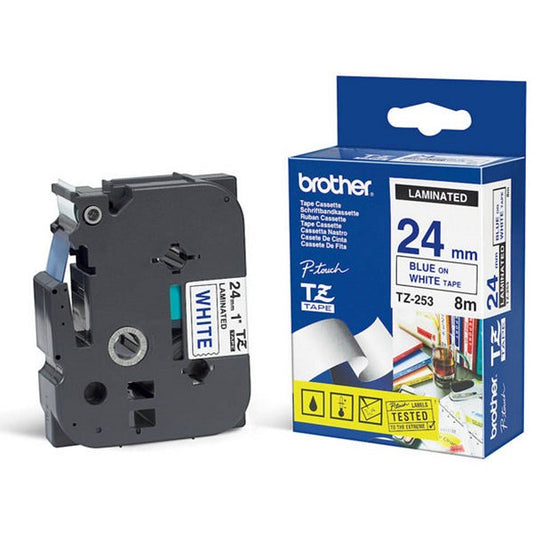 Brother P-Touch TZe-253 Label Tape, Blue on White, 24mmx8m
