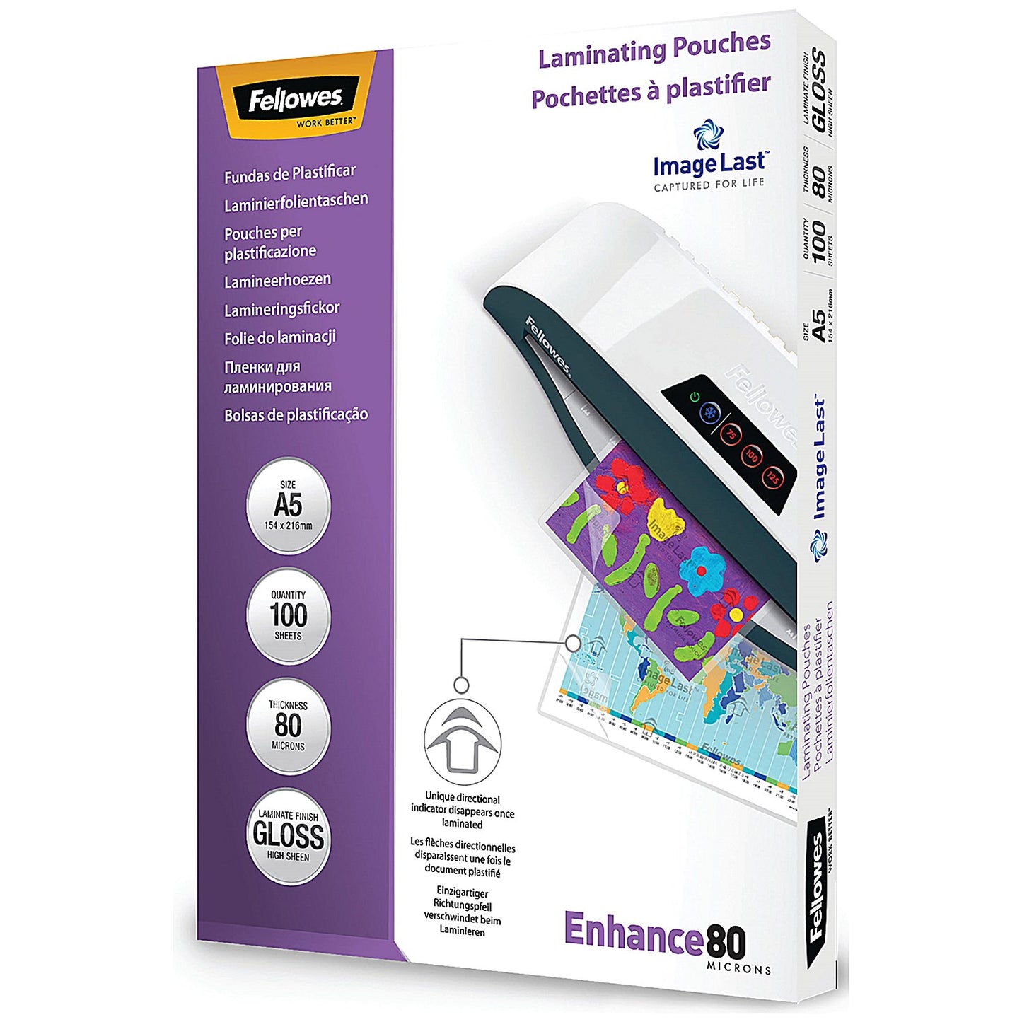 Fellowes Enhance A5 Laminating Pouch, 80 Micron, Clear Gloss, Pack of 100