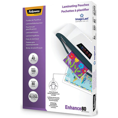 Fellowes Enhance A5 Laminating Pouch, 80 Micron, Clear Gloss, Pack of 100