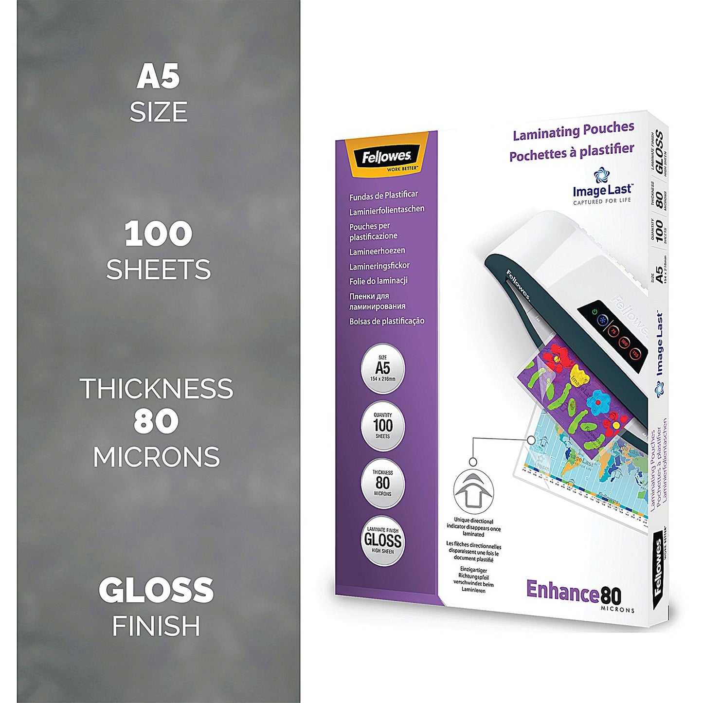 Fellowes Enhance A5 Laminating Pouch, 80 Micron, Clear Gloss, Pack of 100