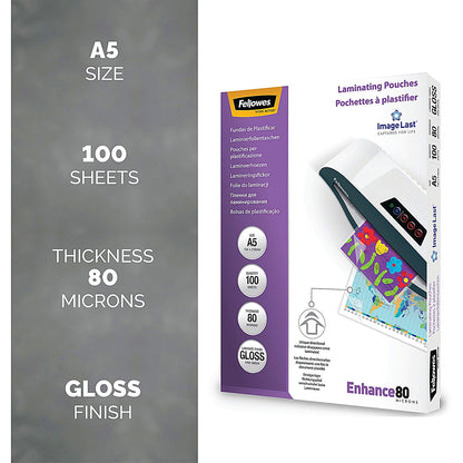 Fellowes Enhance A5 Laminating Pouch, 80 Micron, Clear Gloss, Pack of 100
