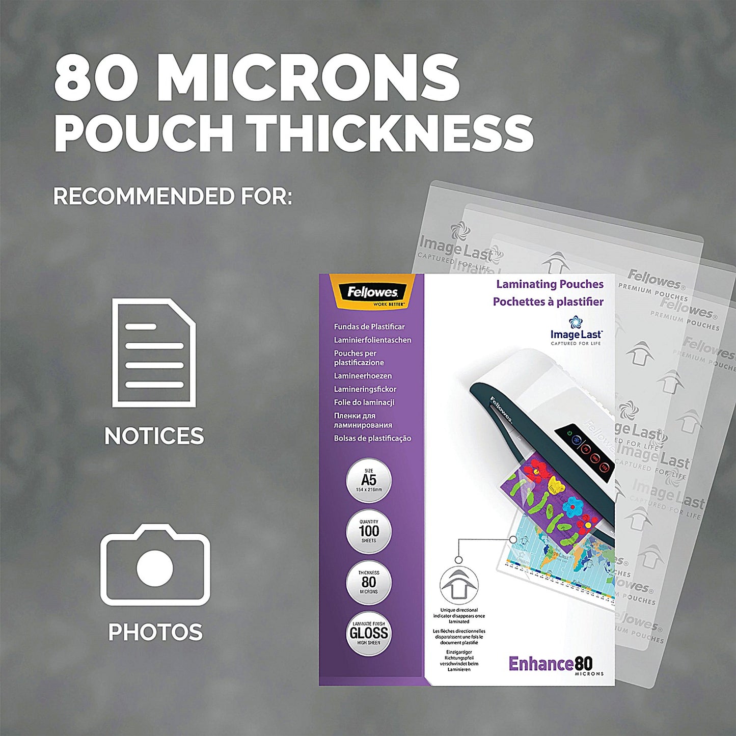 Fellowes Enhance A5 Laminating Pouch, 80 Micron, Clear Gloss, Pack of 100