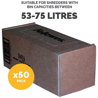 Fellowes Shredder Bags, Capacity 75 Litre, For 225 Series Shredders, Pack of 50