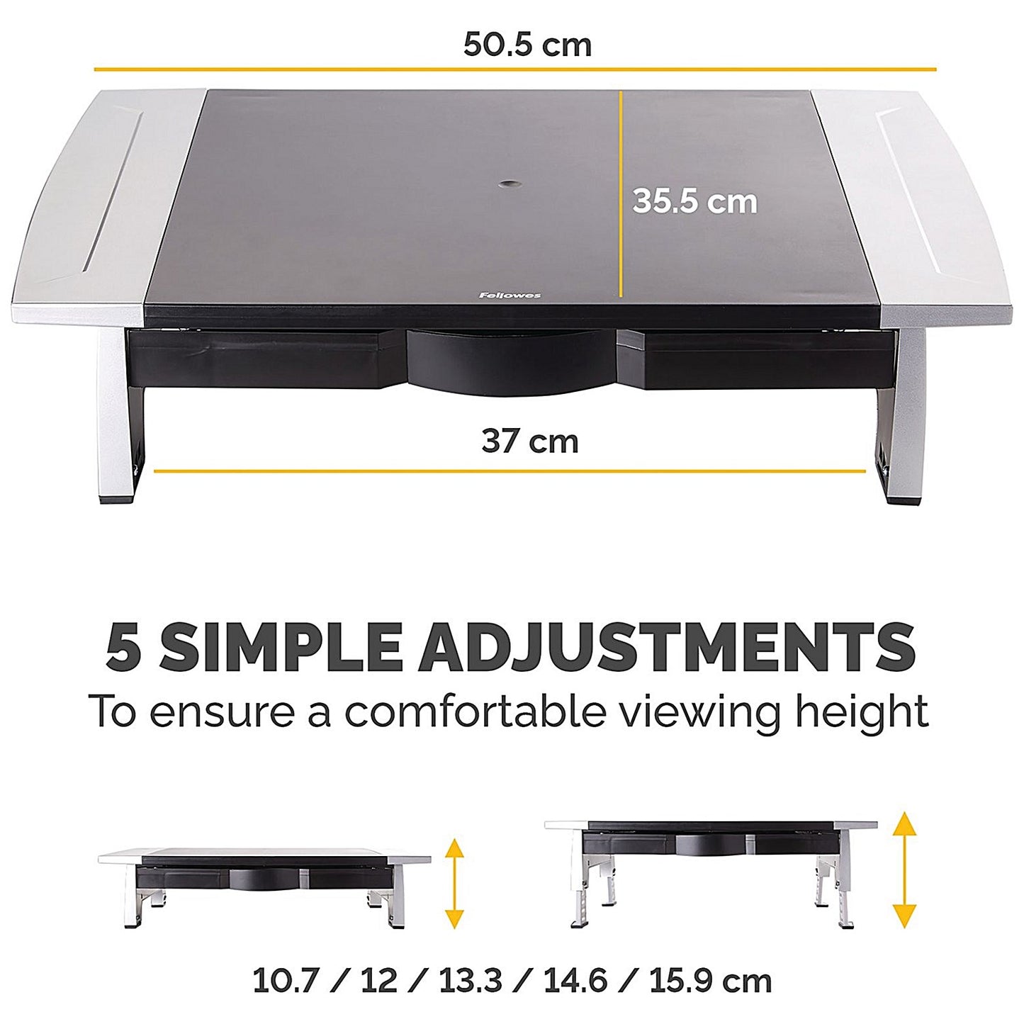 Fellowes Office Suites Monitor Stand with Drawer, Adjustable Height, Black and Silver