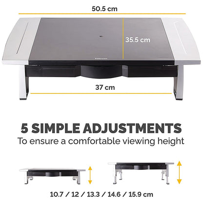 Fellowes Office Suites Monitor Stand with Drawer, Adjustable Height, Black and Silver