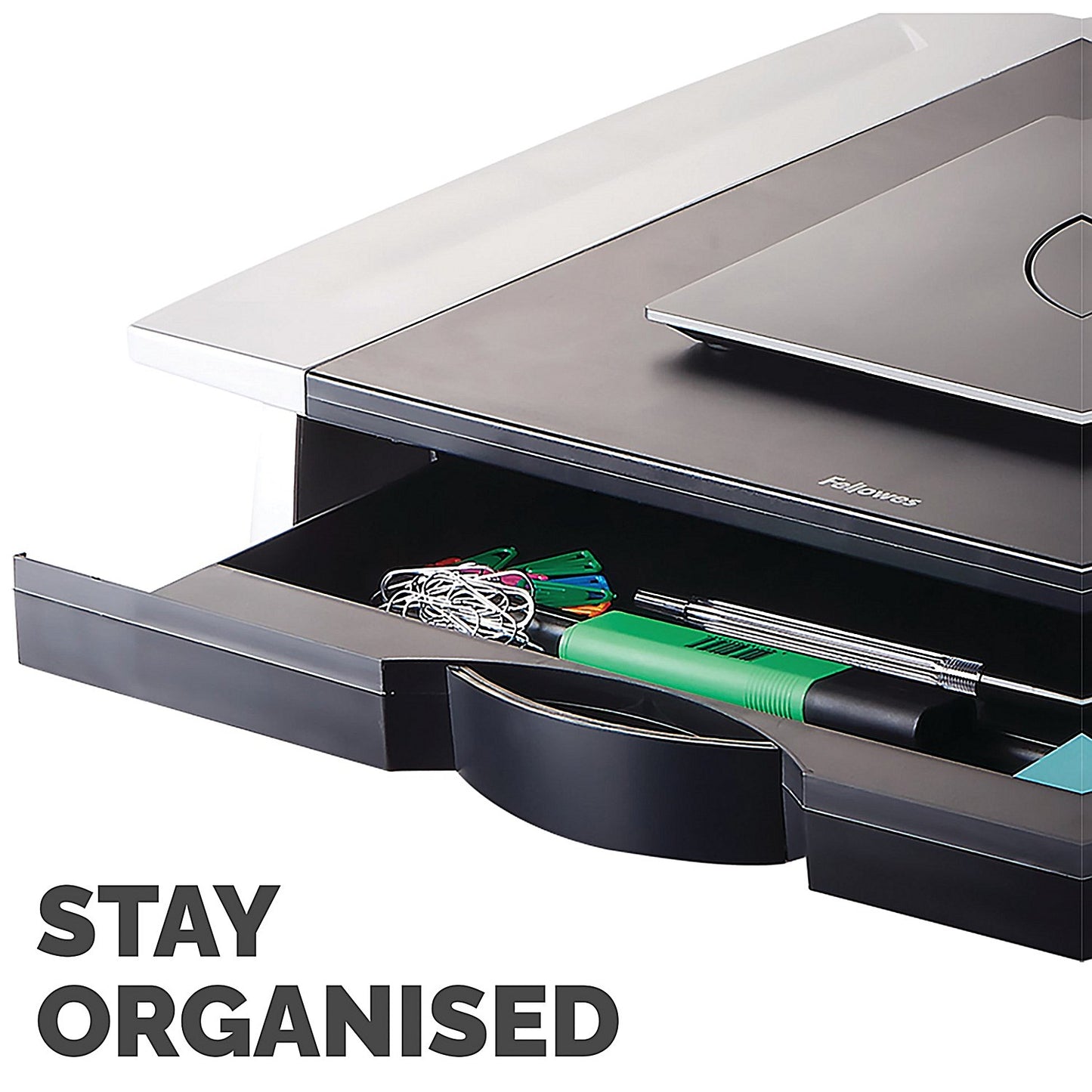 Fellowes Office Suites Monitor Stand with Drawer, Adjustable Height, Black and Silver