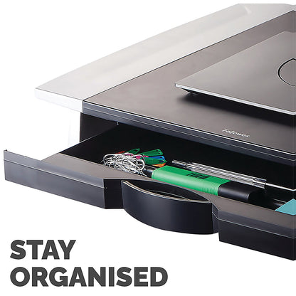 Fellowes Office Suites Monitor Stand with Drawer, Adjustable Height, Black and Silver