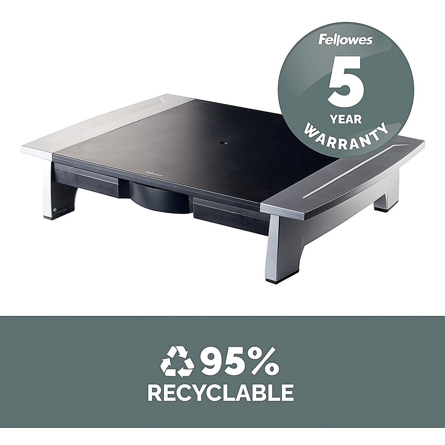 Fellowes Office Suites Monitor Stand with Drawer, Adjustable Height, Black and Silver
